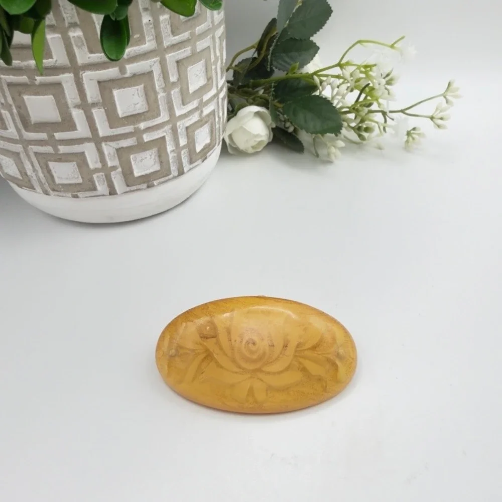 Vintage Barrette MCM Butterscotch Amber Reverse Carved Rose Floral Hair Clip
